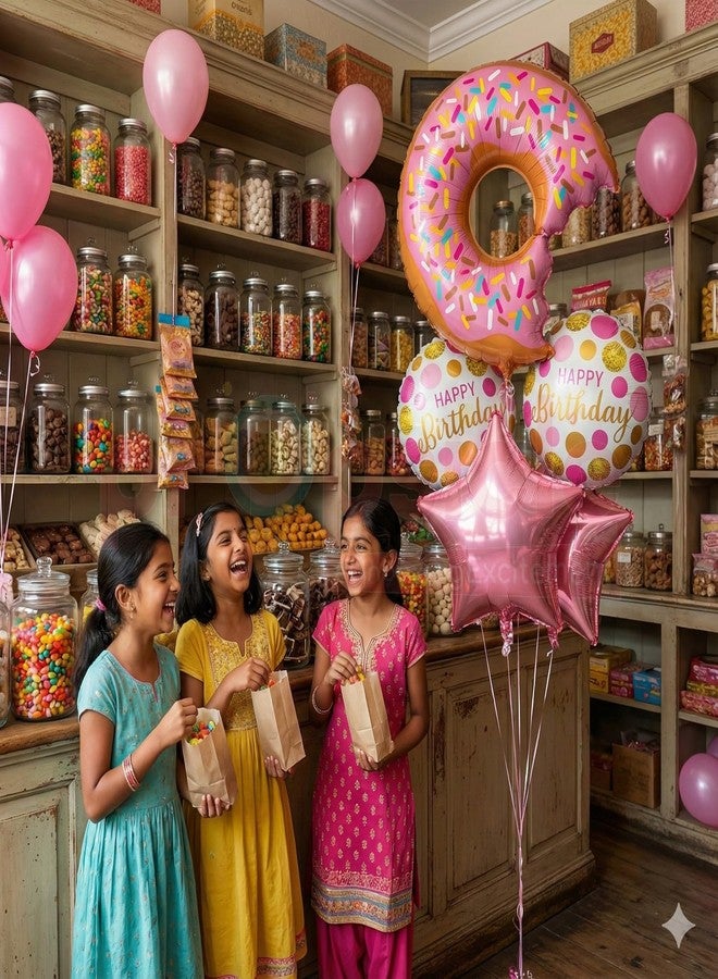 بروبسيكل بالونات عيد ميلاد للبنات بتصميم دونات مصاصة، عبوة من 5 بالونات - زينة حفلات وردية بنقشة أميرة، خلفية تصوير للأطفال والكبار - Image 4